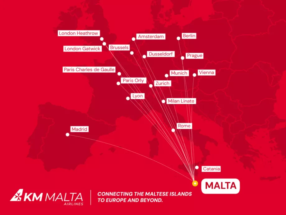 Карта маршрутів KM Malta Airlines